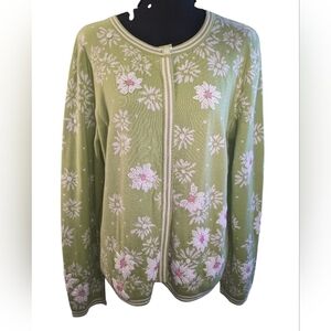 Susan Bristol Mint Green and Pink Floral Cardigan With Beaded Daisy's Size XL